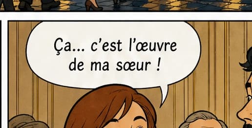 Zoom 1:1 sans retouche sur la bulle de la planche héros : « Ça… c'est l'œuvre de ma sœur ! » — cédille, ligatures œ et apostrophes intactes