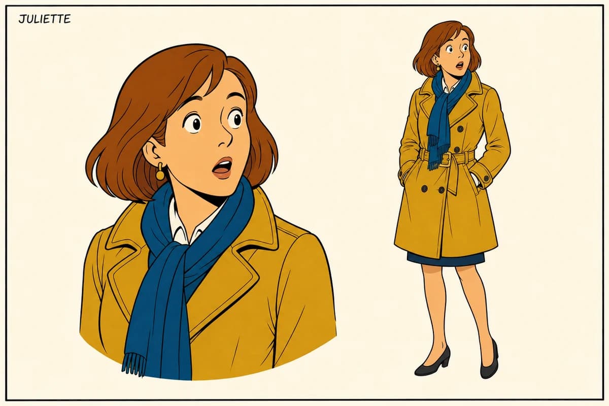 Fiche de référence verrouillée de Juliette, en ligne claire : portrait en buste et vue en pied — carré auburn, imperméable moutarde, écharpe bleu pétrole
