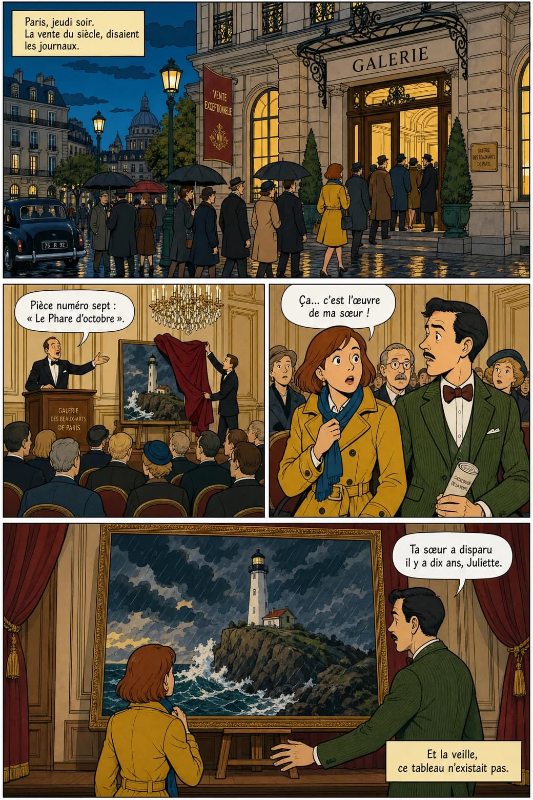 Planche de BD en ligne claire réellement générée : un soir d'enchères dans une galerie parisienne, Juliette reconnaît le tableau mis en vente — « Ça… c'est l'œuvre de ma sœur ! »