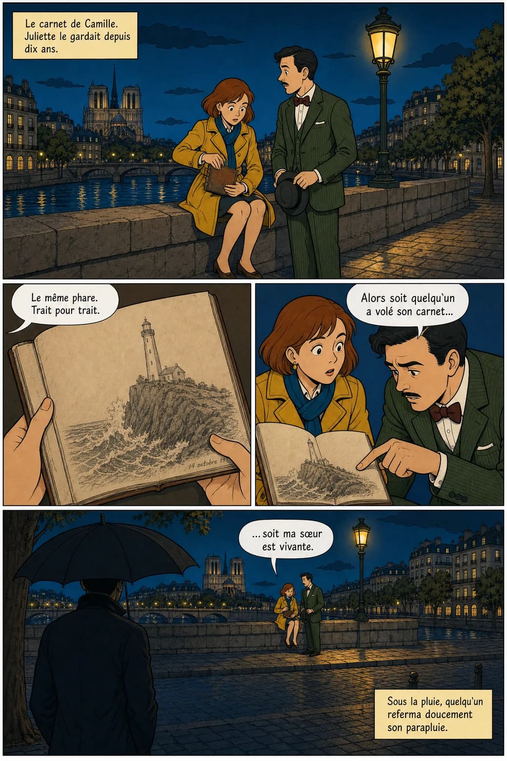 Planche 3 : sur le quai de nuit, le carnet de Camille montre le même phare — et quelqu'un les observe sous un parapluie