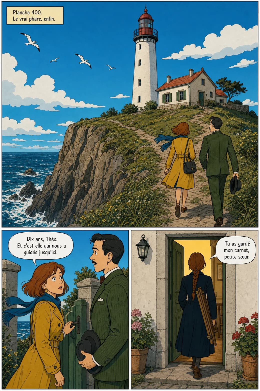 Planche 400 du même album : Juliette et Théo gravissent la falaise vers le vrai phare — mêmes visages, et une silhouette à la porte qui garde son carnet