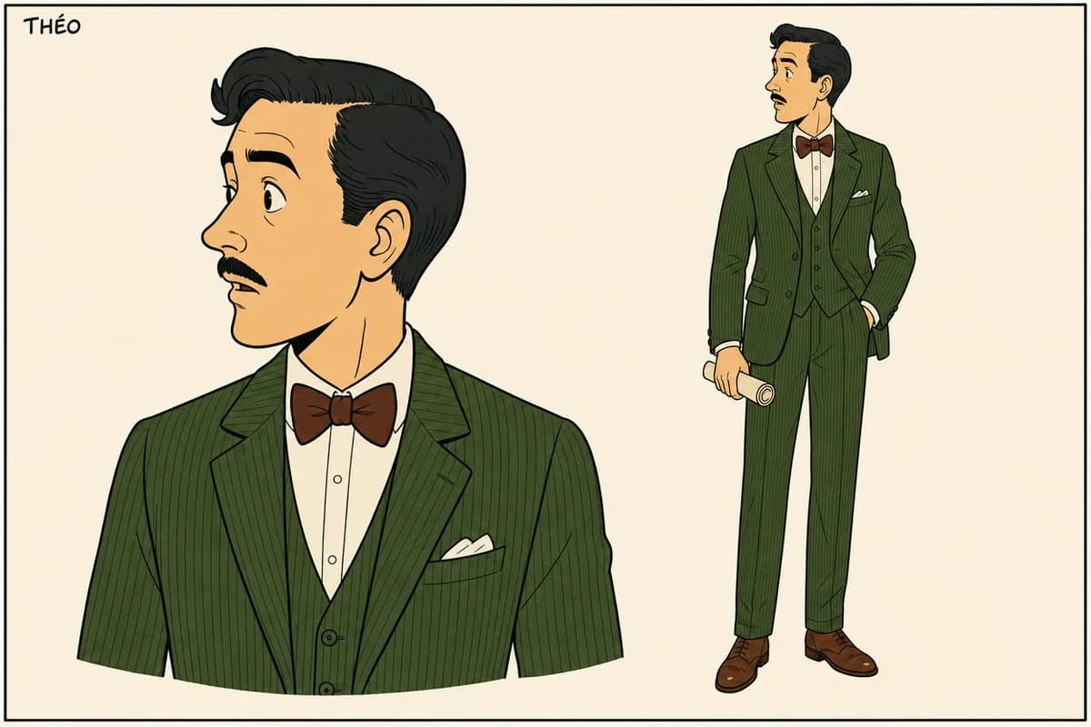 Fiche de référence verrouillée de Théo, en ligne claire : portrait en buste et vue en pied — costume de velours vert bouteille, nœud papillon, fine moustache
