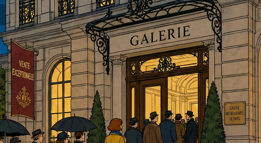 Zoom sur la planche héros : la façade de la galerie en ligne claire — contours d'épaisseur régulière, couleurs en aplats francs, ferronnerie, enseigne et foule lisibles