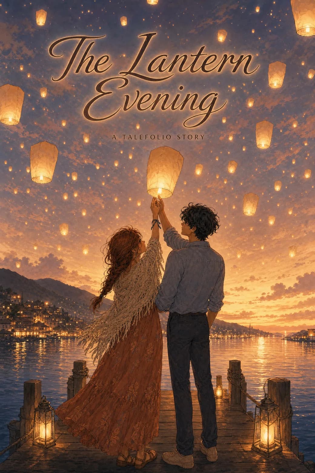 Book cover of The Lantern Evening: Isla and Marlow release a lantern from a pier under a sky full of rising lanterns at dusk