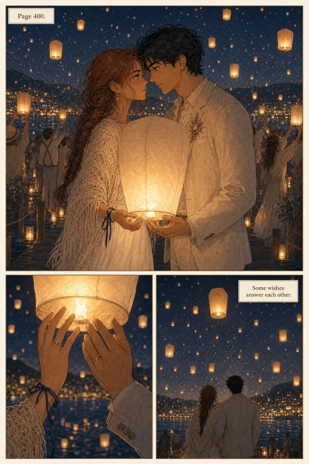 Comic page: years later at the same festival, Isla in a wedding dress and Marlow in a linen suit release one lantern together on their wedding night