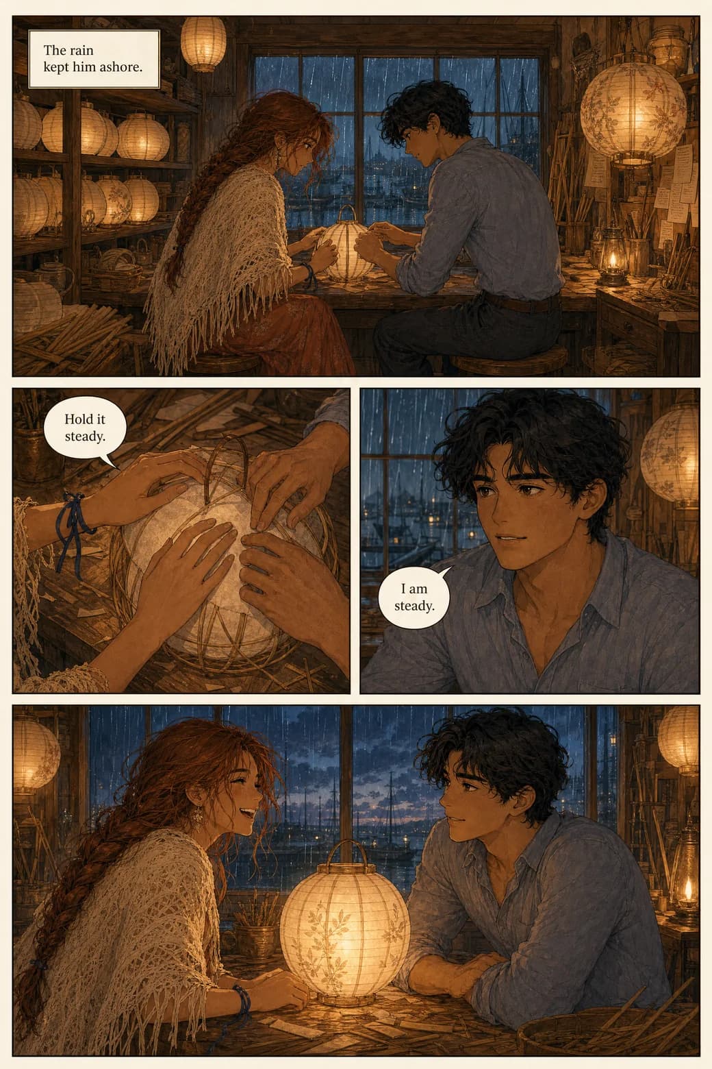 A scene composed as a printed comic page: a classic panel grid with beats arranged for a page-turn