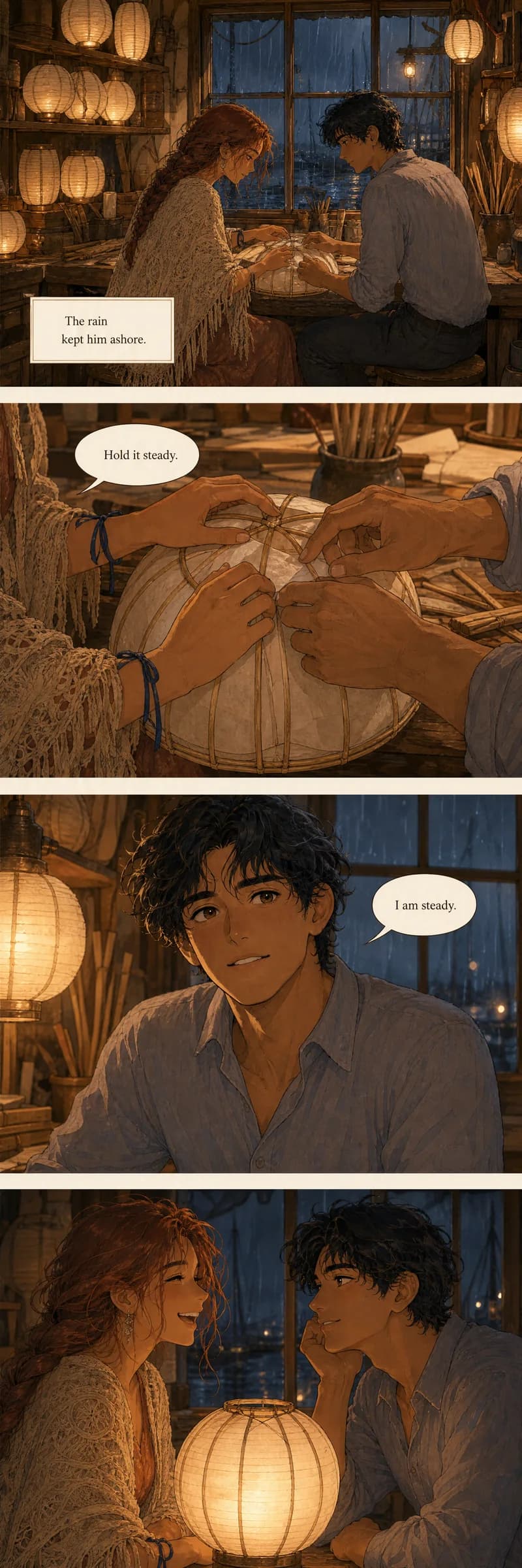 The identical scene recomposed as a true vertical webtoon strip: full-width panels flowing top to bottom, paced for scrolling