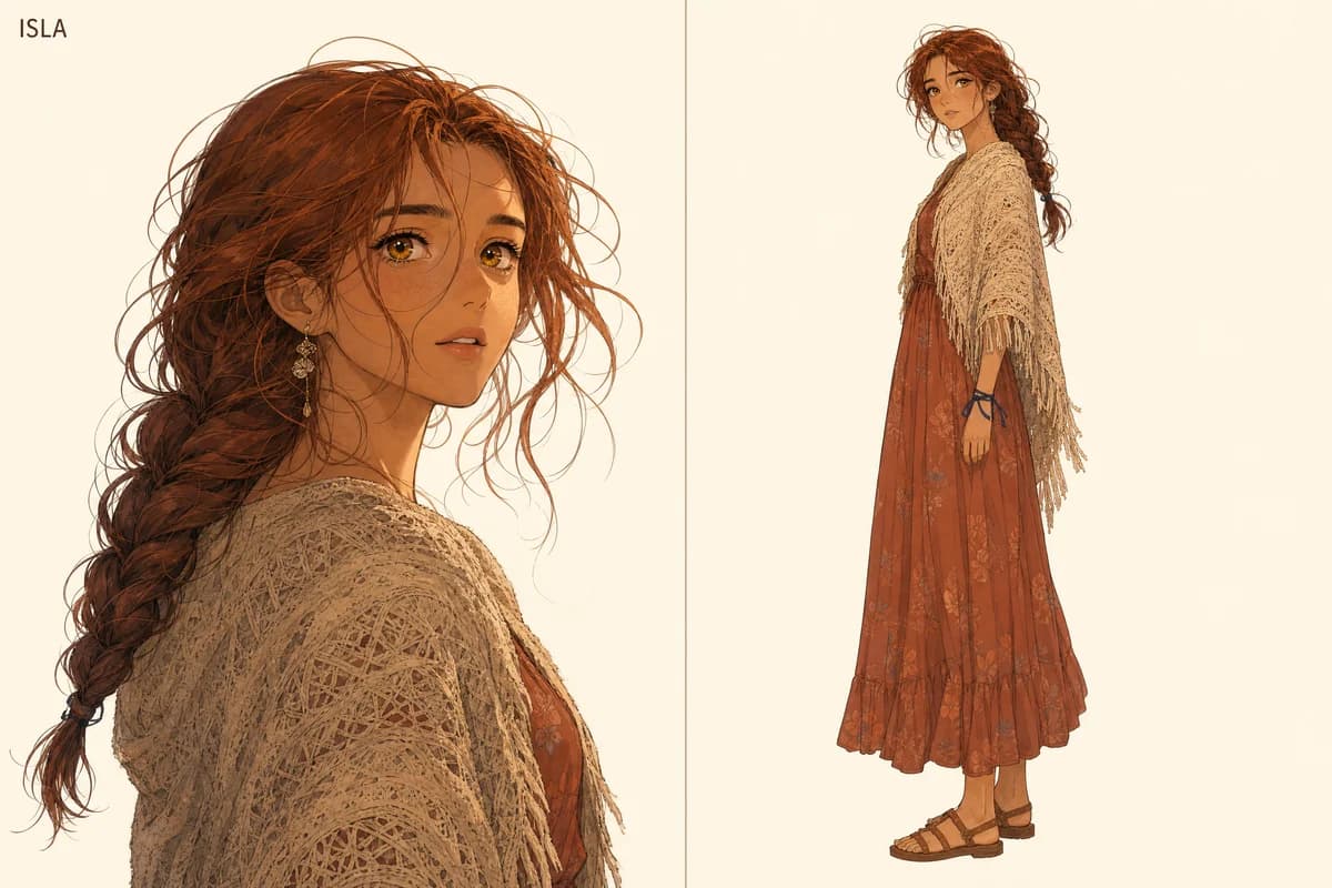 Locked character reference sheet for Isla: a face close-up beside a full-body view in her cream shawl and terracotta dress