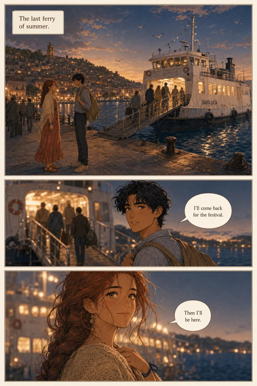 A three-panel dockside comic page where Marlow boards the last ferry of summer, lettered in English