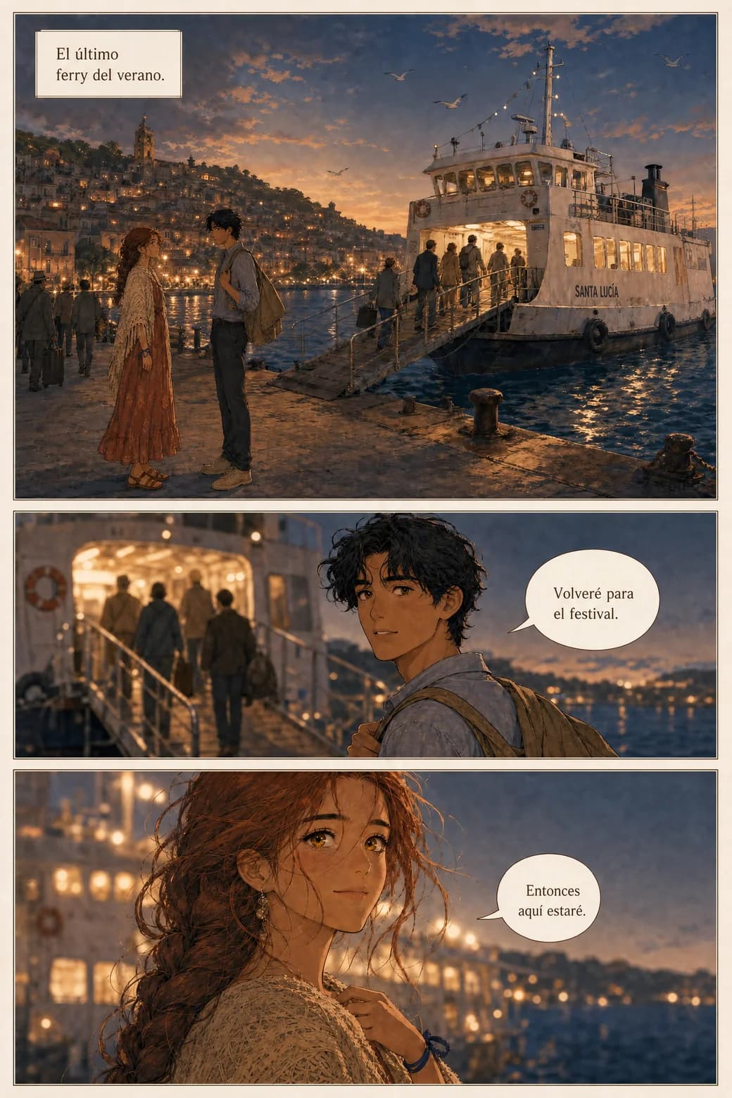 The identical dockside page with the same panels and faces, lettered in Spanish