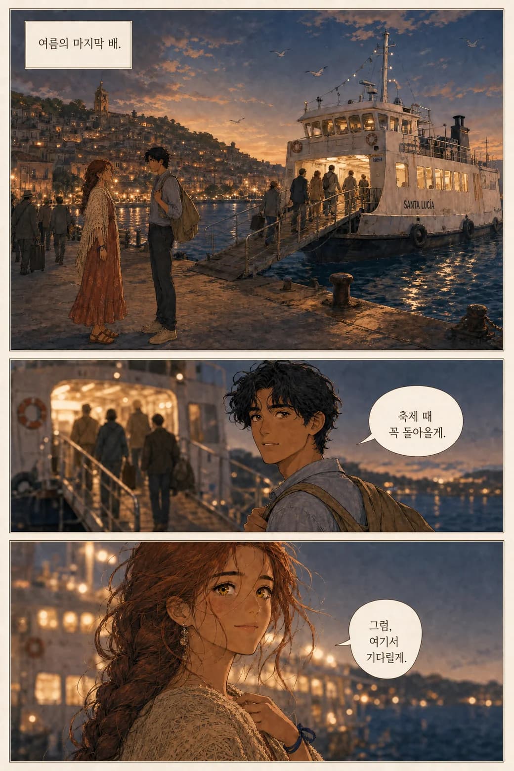 The identical dockside page with the same panels and faces, lettered in Korean