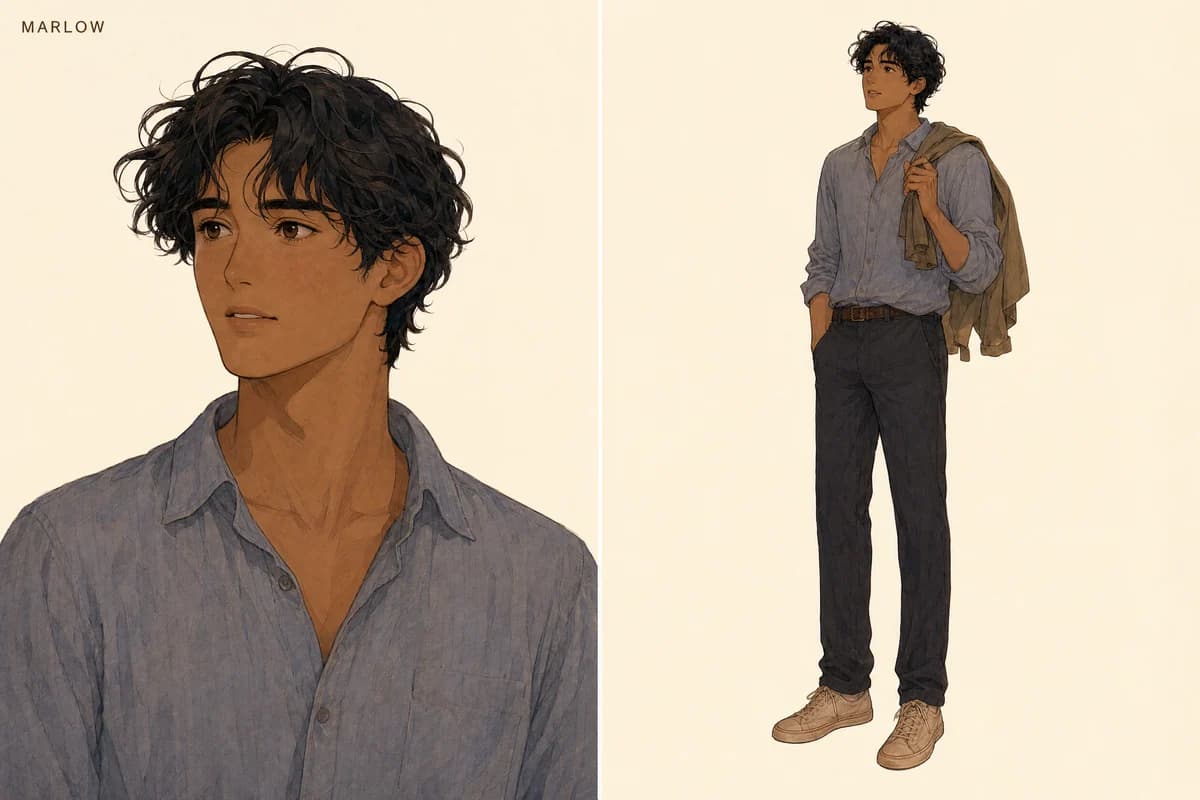 Marlow's character reference sheet: close-up face panel beside a full-body view of his linen shirt and canvas jacket