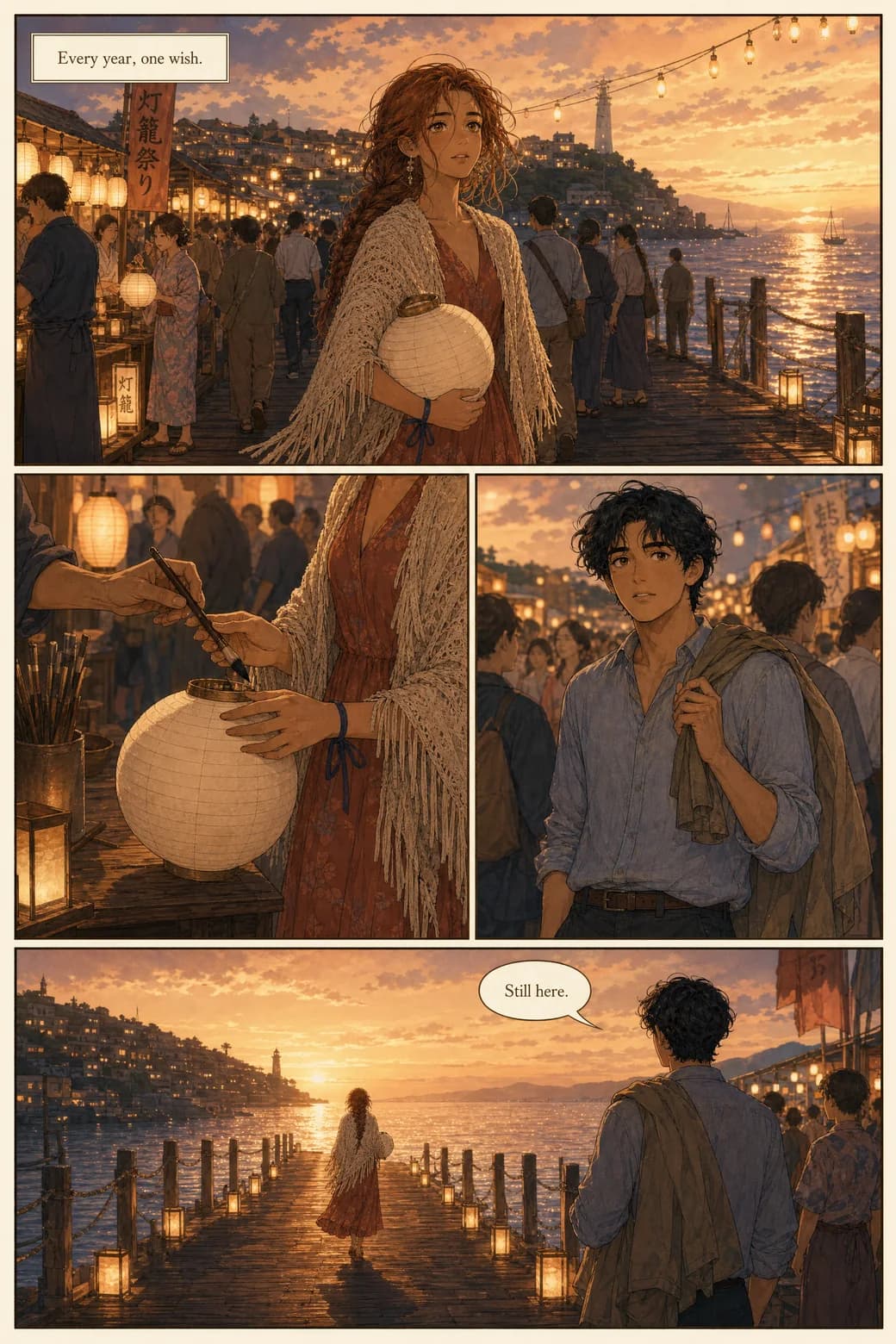 Comic page one: Isla arrives at a seaside lantern festival at dusk and writes her wish while Marlow notices her across the crowd