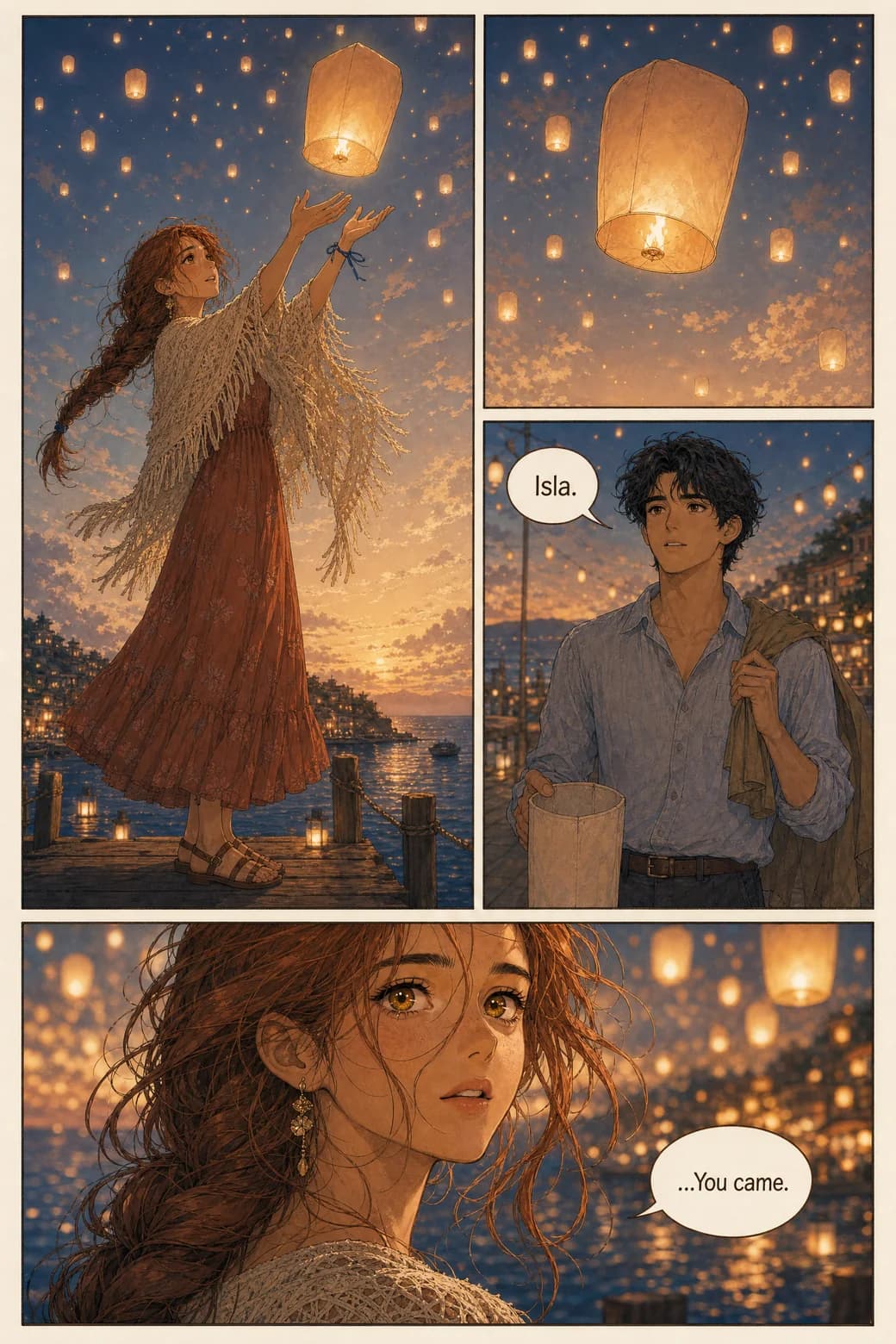 Comic page: Isla releases her glowing lantern from the pier, Marlow says her name, and she turns with tears in her eyes