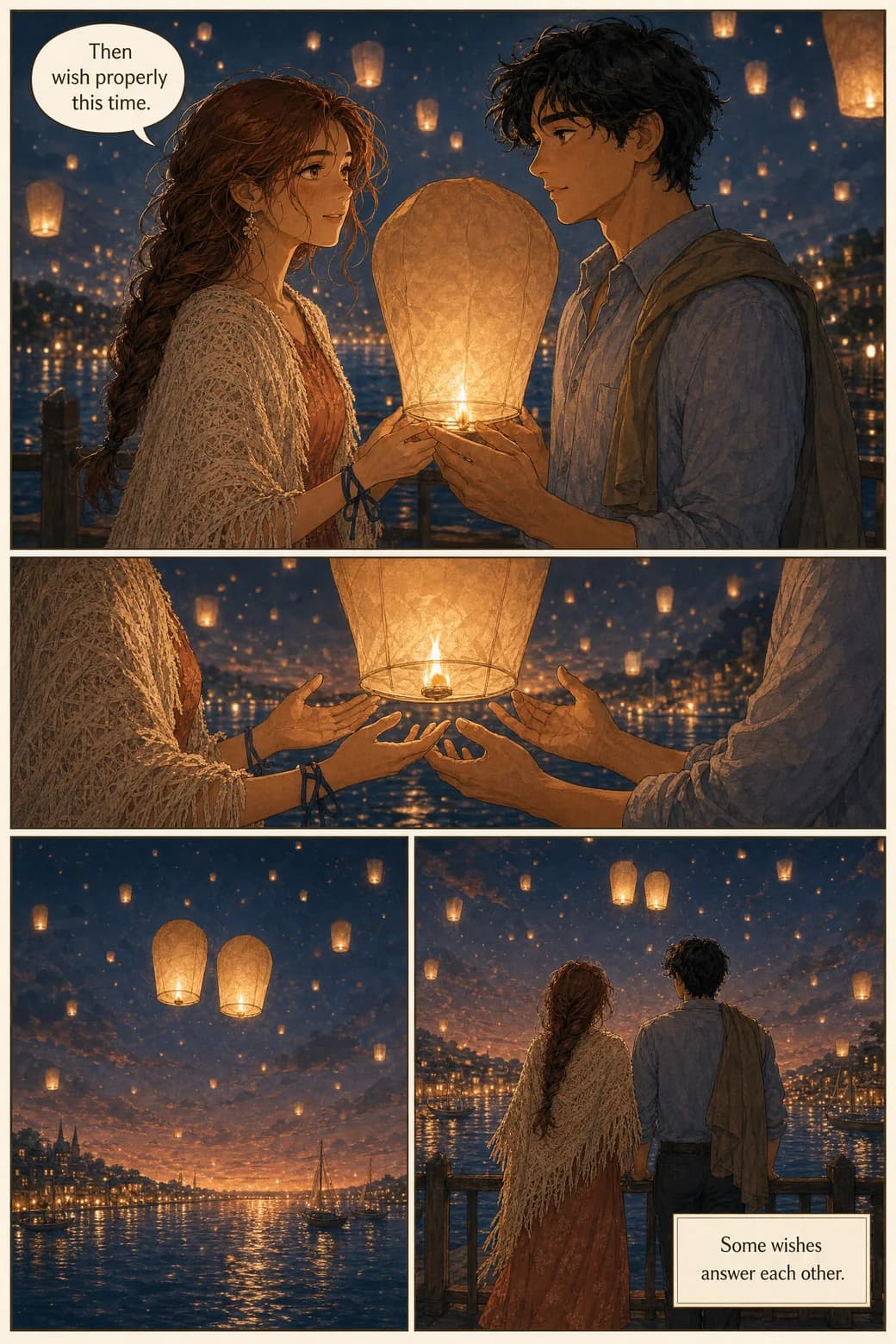 Comic page: Isla and Marlow light his lantern together and watch the pair of lanterns rise over the bay at night