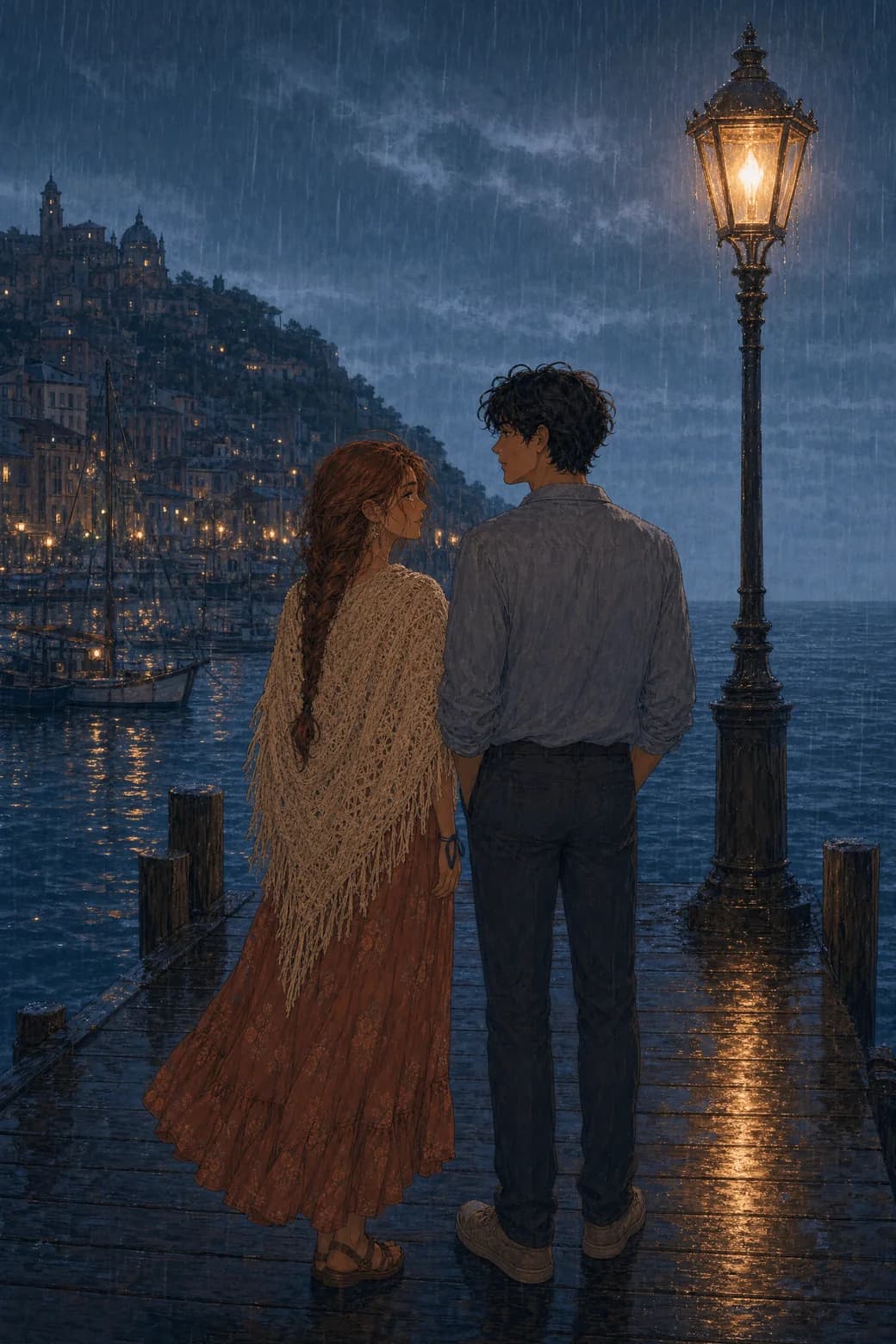 A splash page of Isla and Marlow at the end of a pier in heavy rain under a deep blue sky