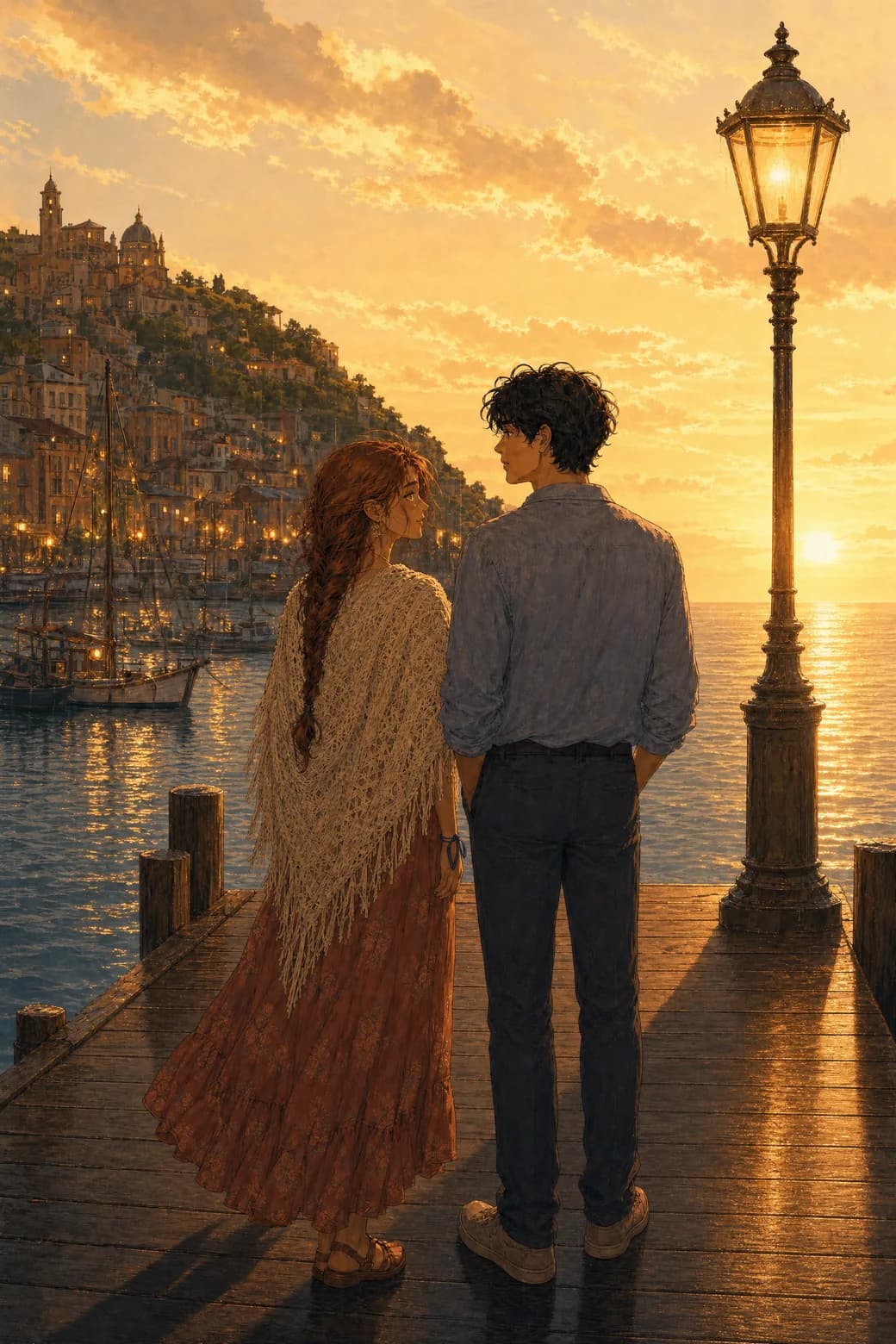 The identical splash page regenerated at golden sunset — same pier, same poses, same faces, different weather