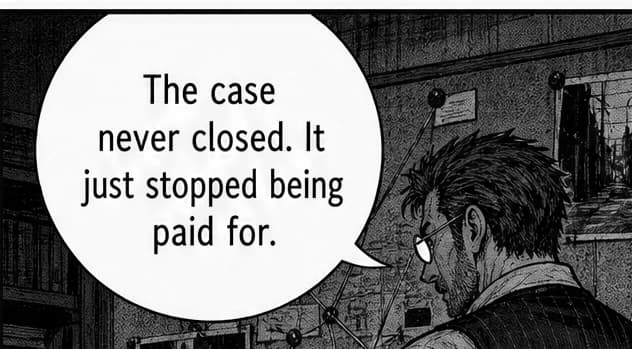 Unretouched crop from page 3: a clean white speech bubble with crisply lettered, perfectly spelled dialogue beside Ren at the corkboard