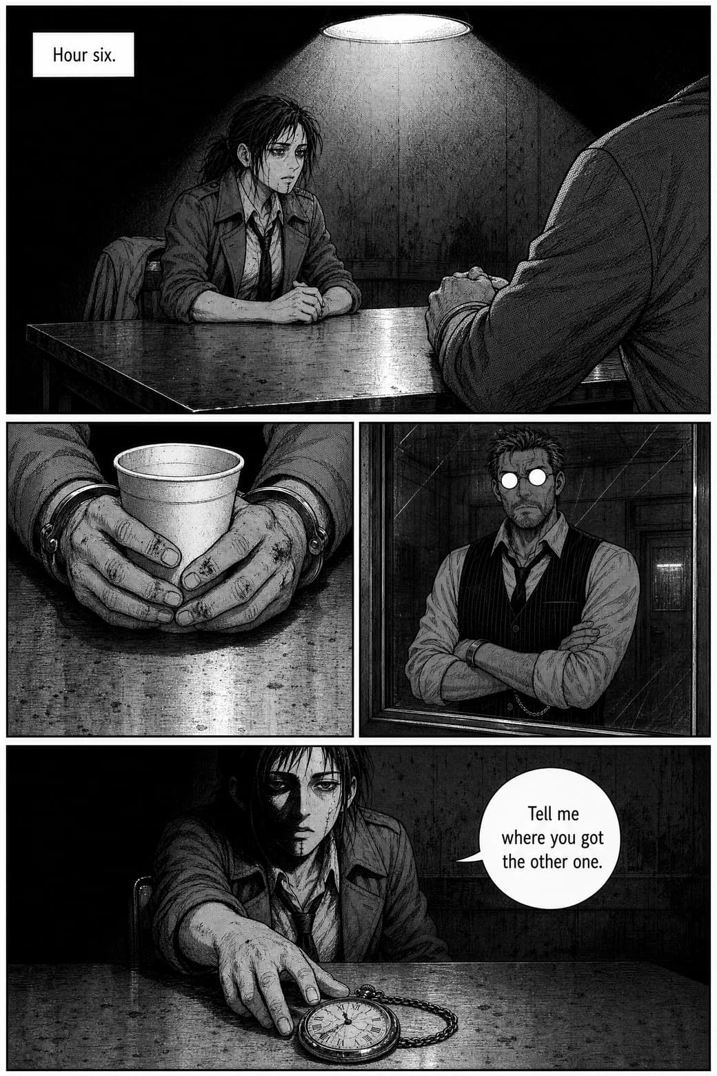 Page 12: hour six of the interrogation — Kaida under a hard cone of light slides the cracked pocket watch across the table, Ren watching from behind the observation glass
