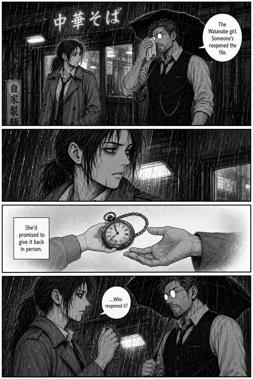 Page 2: under a neon awning Ren names the reopened case, a light-toned flashback shows a child's hand giving Kaida the watch, and she closes her fist around its chain