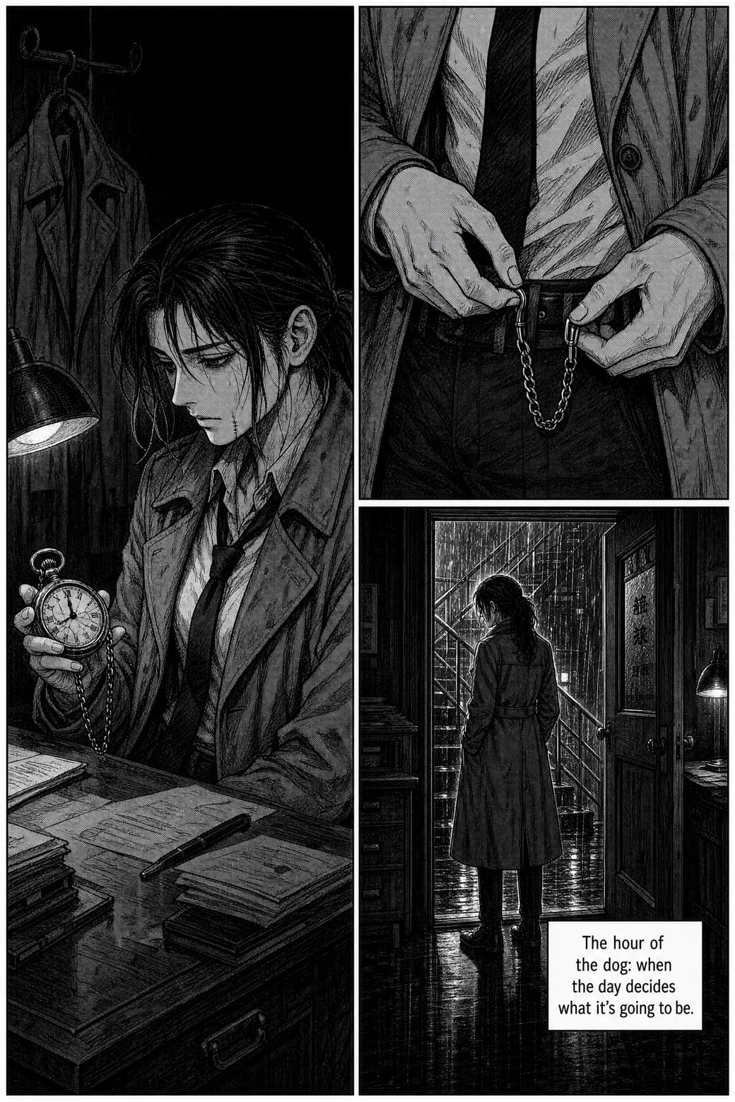 Page 4, a silent page: Kaida alone under the lamp with the open watch, threading its chain onto her belt, then silhouetted in her trench coat at the open door