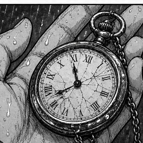 A 1:1 zoom into the generated page: the cracked pocket watch in Kaida's rain-wet hand — pen hatching on the skin, crisp solid blacks, engraved detail, tone with visible grain