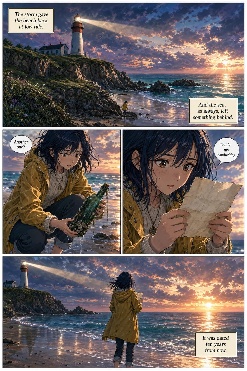A generated Modern Anime comic page: a lighthouse keeper finds a bottled letter on a storm-washed beach and realizes it's in her own handwriting, dated ten years from now