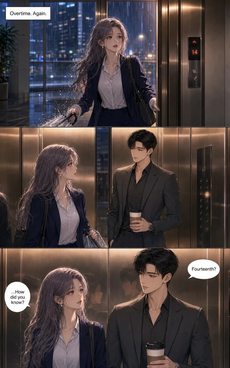 A real generated vertical webtoon unit: on a rainy evening, Mina hurries into an office elevator where Dohyun makes room — the opening of Fourteenth Floor