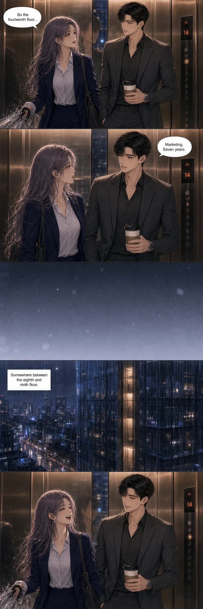 A vertical webtoon strip demonstrating scroll pacing: two tightly-spaced dialogue panels, a large empty scene-transition gap, then one wide quiet panel of the rainy building facade