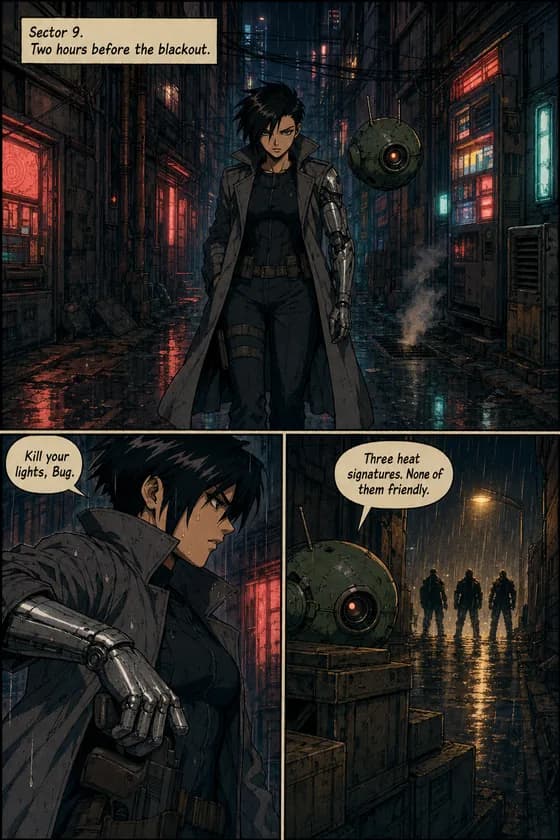 Comic page: a cyborg-armed detective and her hovering robot in a rainy neon alley at night, drawn like a 90s OVA with film grain and muted neon