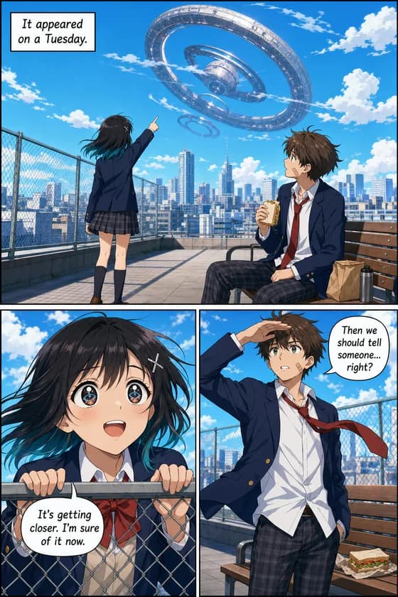 Comic page: two school students on a rooftop discover a giant ringed object hovering over the city — bright skies, crisp uniforms, a sparkling eye close-up