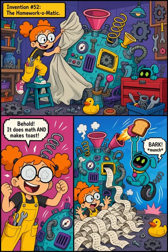 Comic page: a kid inventor's Homework-o-Matic fires toast like a rocket while burying her in paper; her robot dog catches the toast mid-air