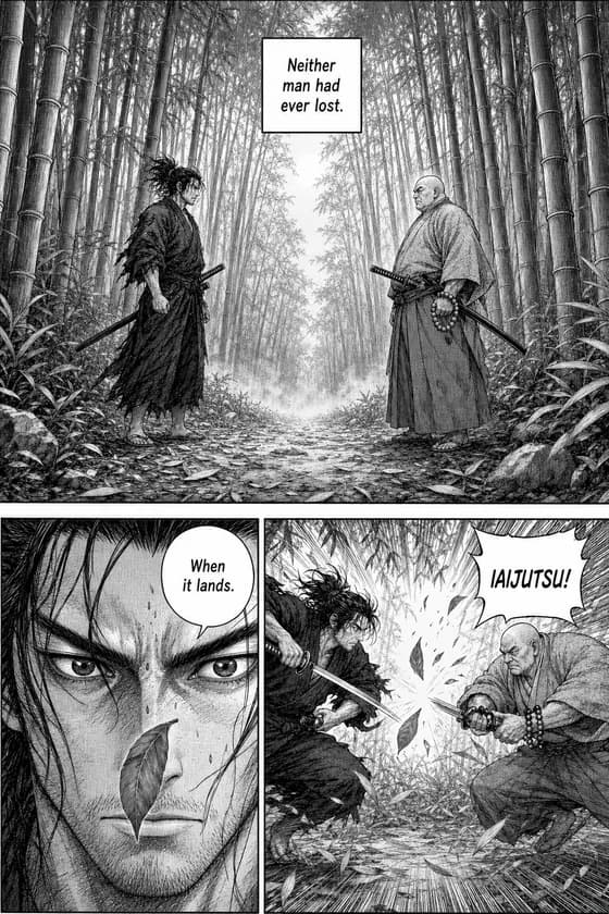 Black-and-white manga page: two samurai face off in a misty bamboo grove; a leaf falls, then the iaijutsu clash