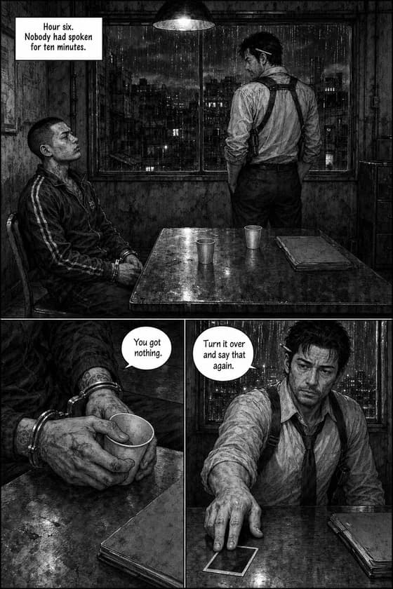Black-and-white manga page: hour six of a police interrogation — a handcuffed suspect, a rain-streaked window, a photograph slid face-down across the table