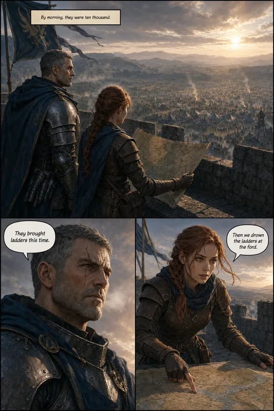 Comic page: a scarred commander and his scout on a castle rampart at dawn, an enemy camp of ten thousand spread across the valley below