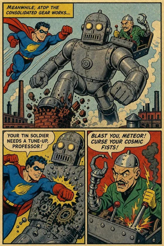 Comic page: Captain Meteor punches through a giant riveted robot on yellowed 1940s newsprint with visible print dots